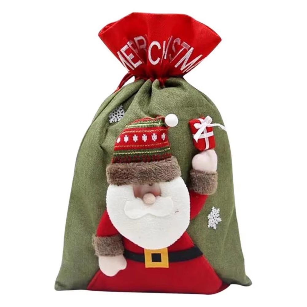 Linen Christmas Gift Bags 3D Drawstring Candy Bags Unique Cute Pattern Gift Bag Home Decor