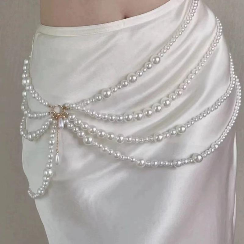 1PC Multilayer Pearl Waist Chains for Women Imitation Pearl Metal Ring Tassel Belt Fashion Elegant Body Jewelry Clothing Accessories