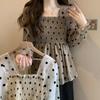 Bluse im französischen Stil mit Polka-Dot-Print Frühling Herbst Langarm Damenbekleidung Chic Raffungen Slim Vintage Quadratischer Kragen Hemd