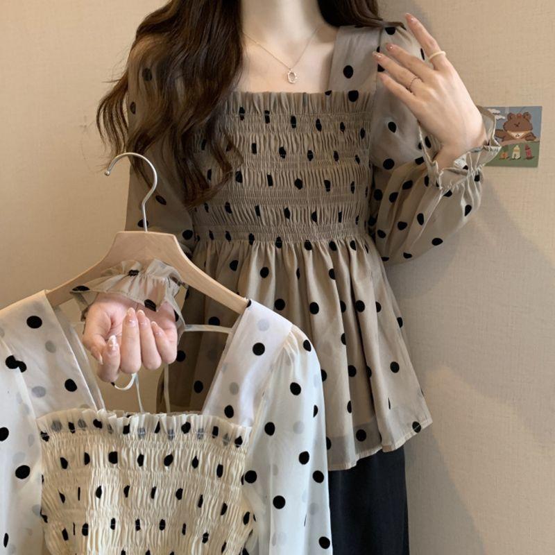 French Style Polka Dot Printed Blouse Spring Autumn Long Sleeve Female Clothing Chic Shirring Slim Vintage Square Collar Shirt