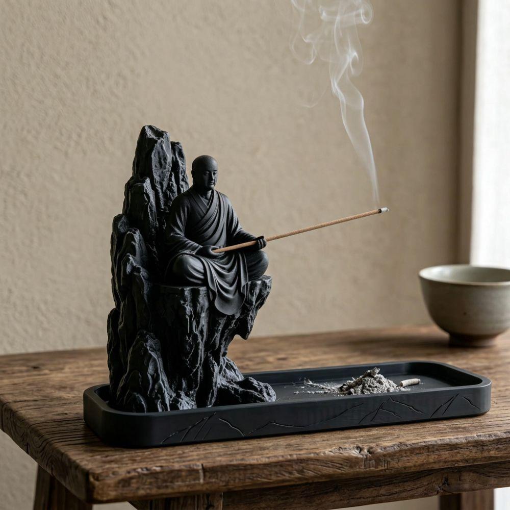 3D Printed Meditating Monk Incense Burner Mountain Cliff Mountain Incense Stand Study Decor