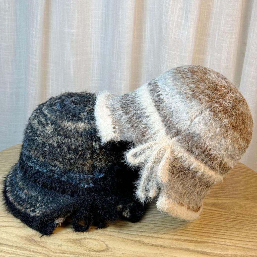 Autumn and Winter Contrasting Colors After Split Bow Basin Hat Women's Knitted Hat Bucket Hat