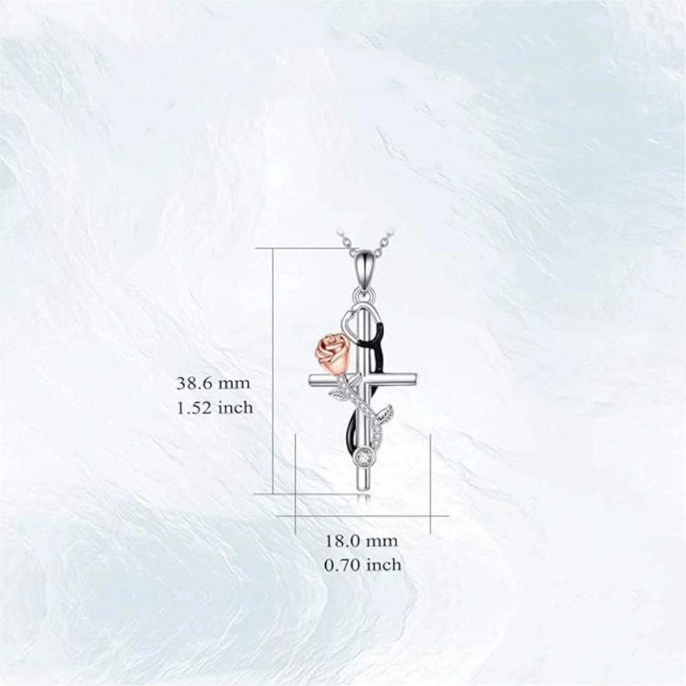 Charm Female Rose Flower Cross Pendant Necklace Vintage Silver Color Wedding  For Women