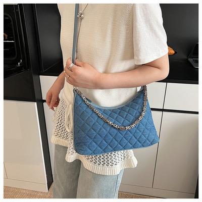 Denim Underarm Bag Women's 2025 New Trend Rhombus Embroidery Thread Chain Single Shoulder Oblique Span Bag Commuter Bag