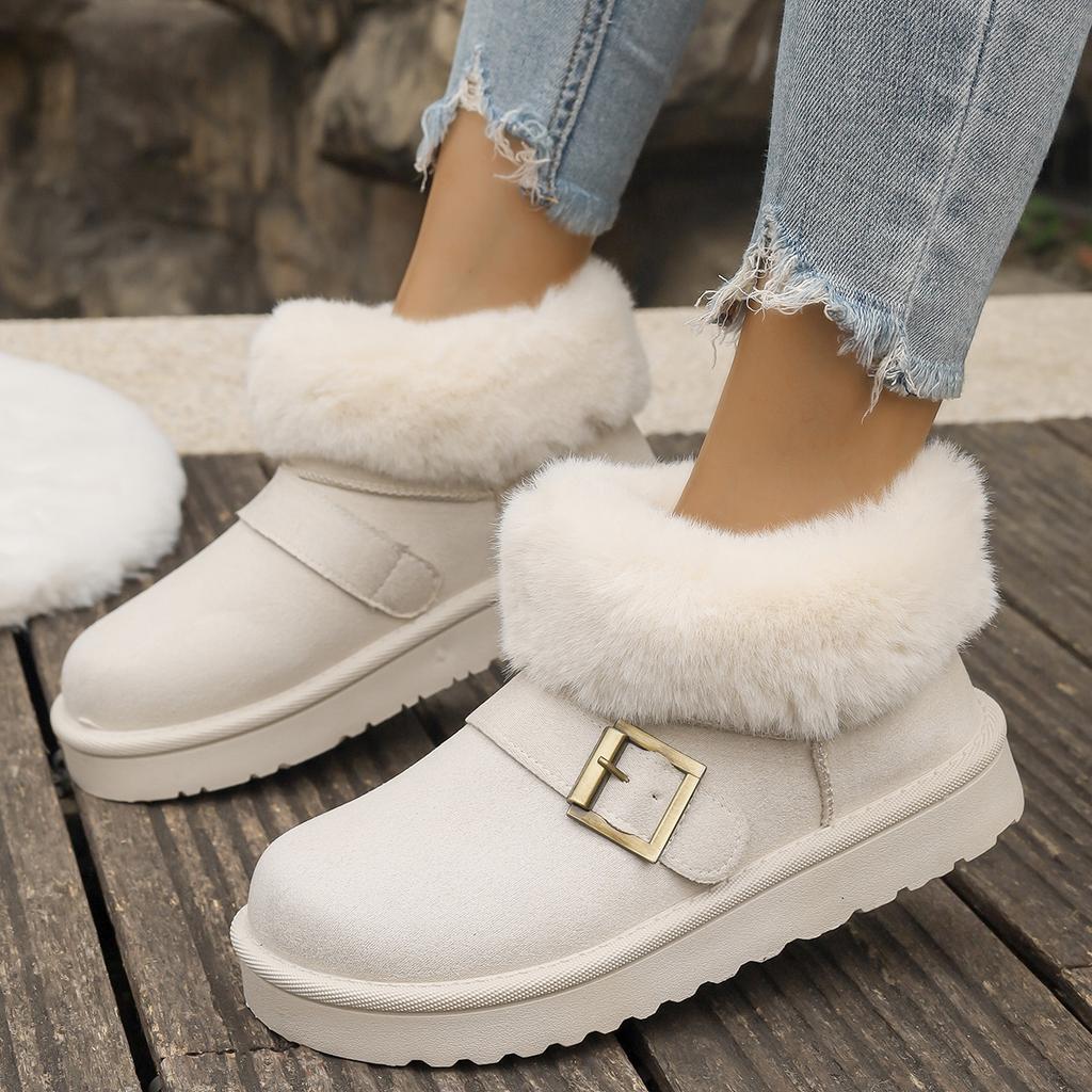 Faux Suede Buckle Decor Ankle Boots Women Winter Warm Thicken Plush Snow Boots Woman Thick Sole Non Slip Platform Cotton Boots