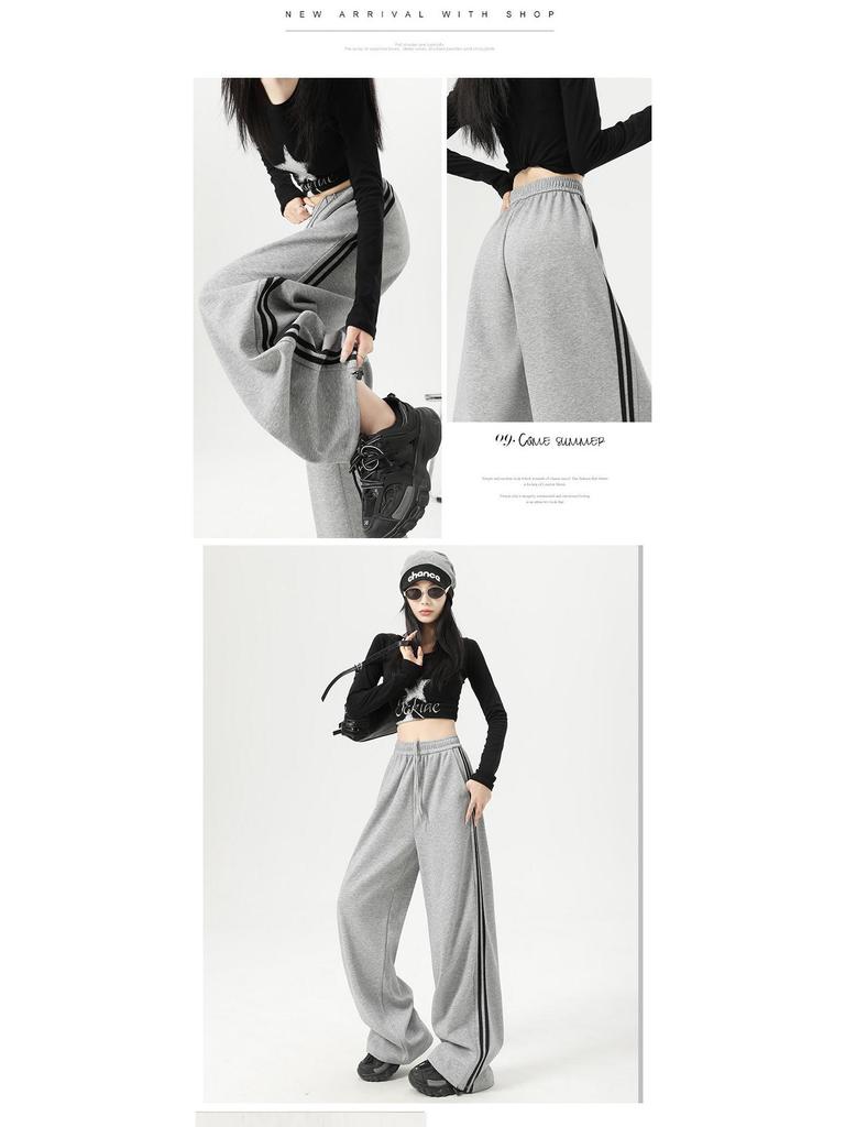 Women's American-Style Sweatpants with Side Stripe - High Waist, Slimming, Wide Leg - Spring/Autumn 2024