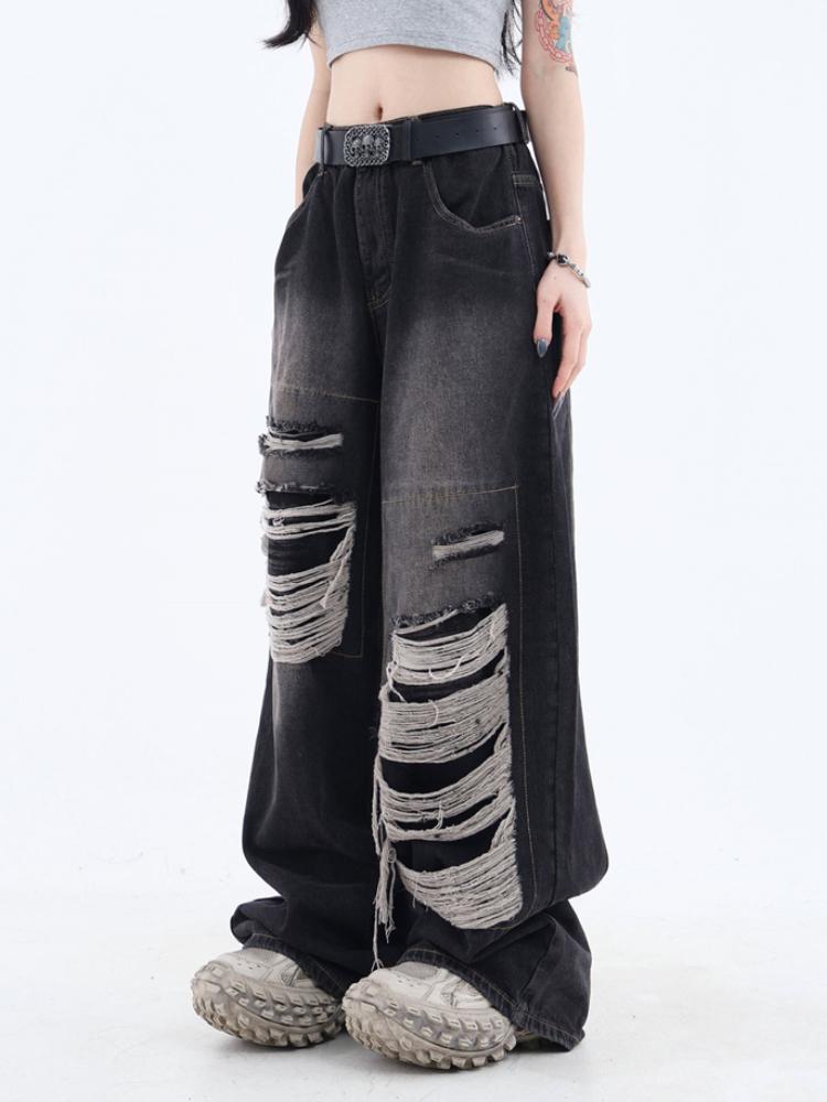 Gothic Black Jeans High Waist Vintage Women Korean Fashion Y2k Streetwear Ripped Pants Female Harajuku Casual Wide Leg Denim Trousers
