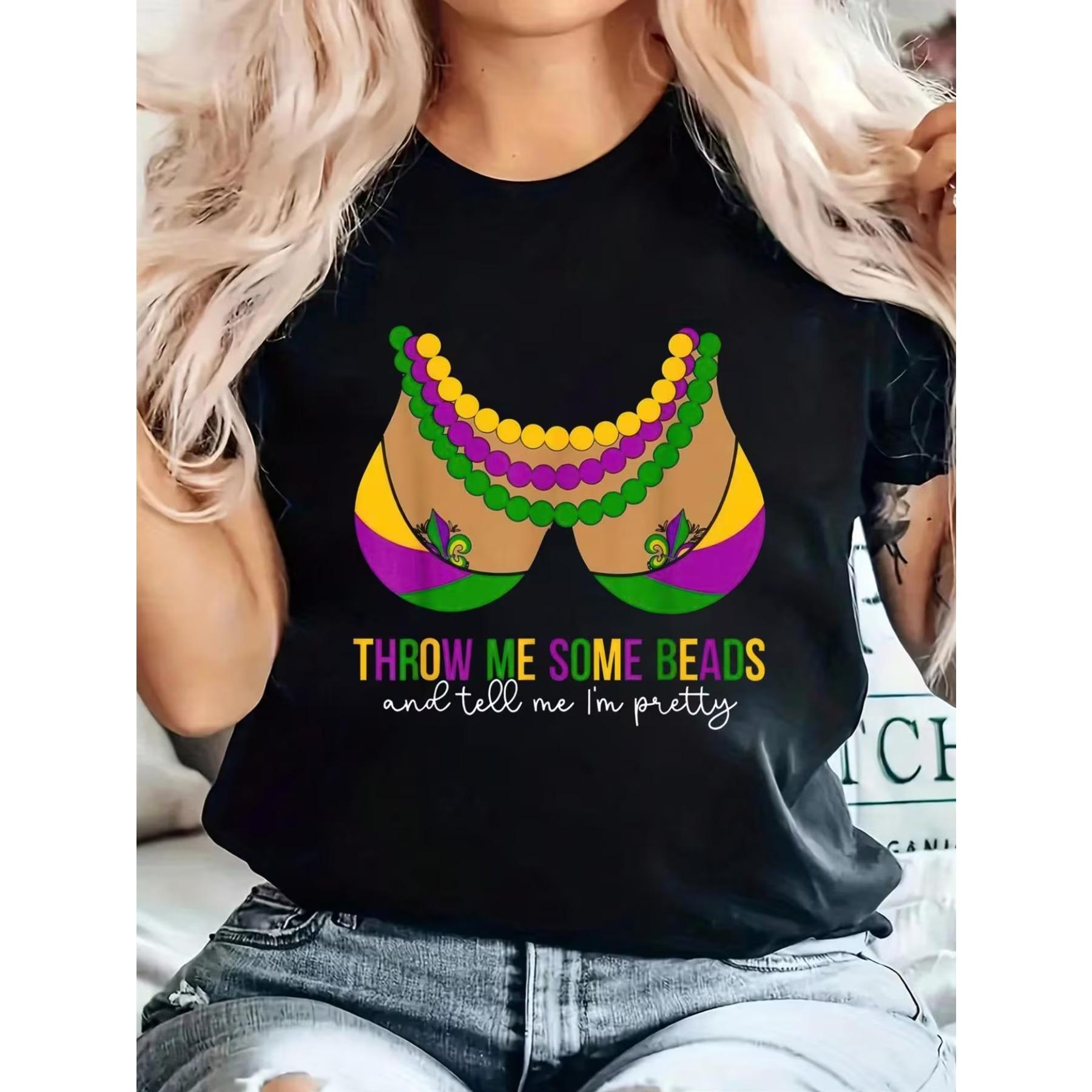 

Women s Mardi Gras Bead-Adorned T-Shirt - Black with Purple & Green Bead Design, Comfort Fit Short Sleeve Crew Neck Top for New Orleans Parties S чёрный