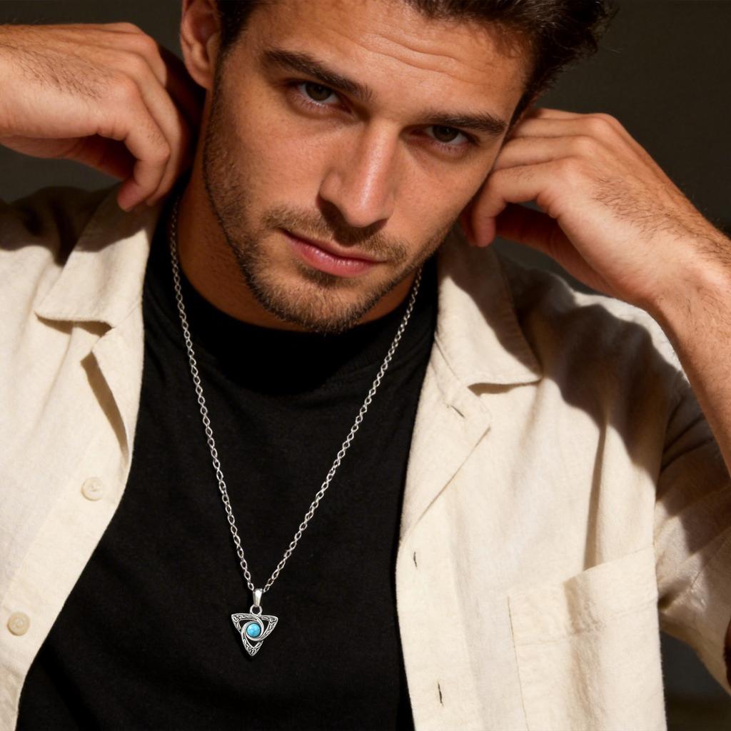 Vnox Turquoise Stone Celtic Knot Pendant Necklaces for Men Women, Stainless Steel Silver Color 50cm 60cm O-chain Jewelry Gifts