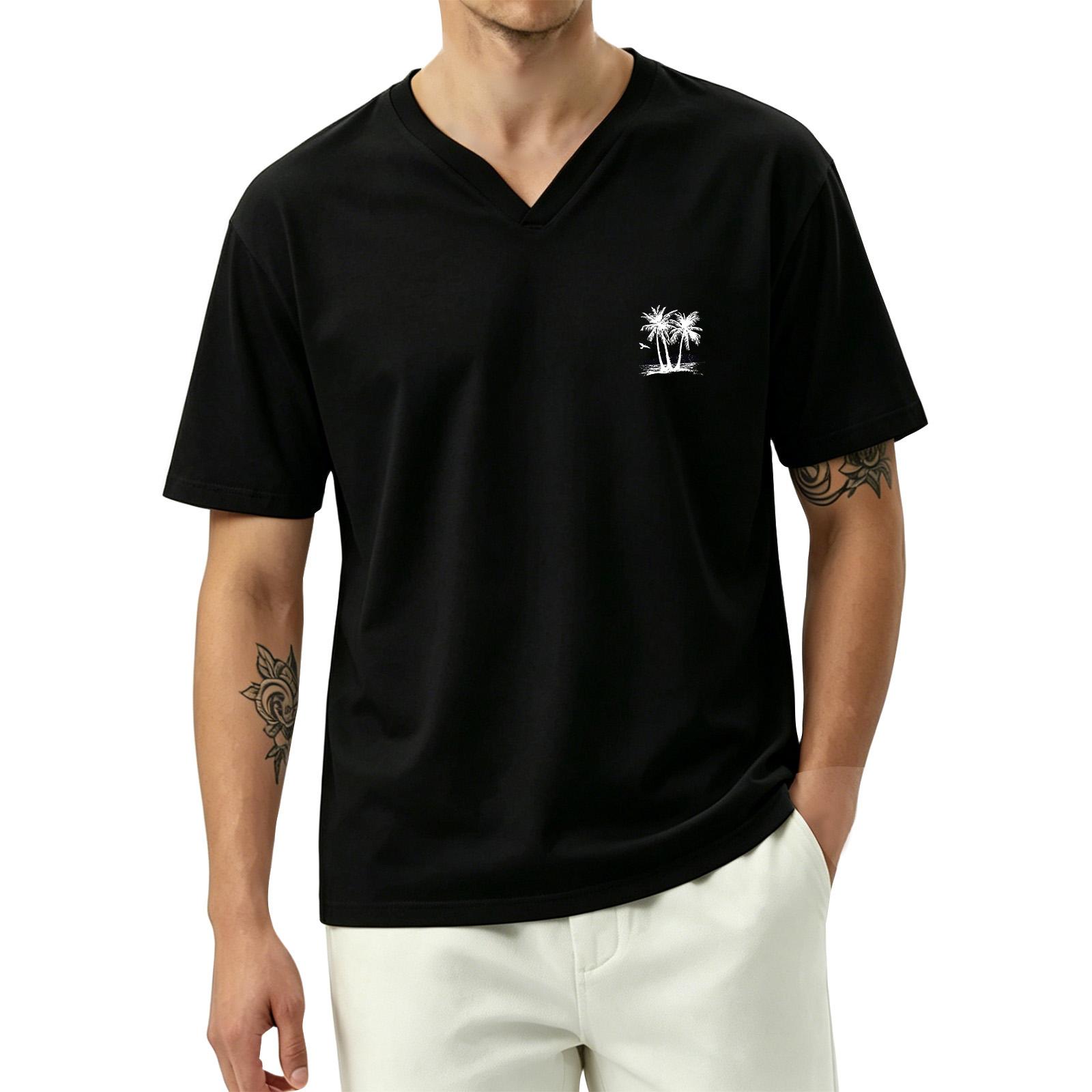 

Men V Neck Short Sleeve T Shirt with Tree Print Loose Fit Soft Fabric Casual Basic Top for Everyday Wear L чёрный