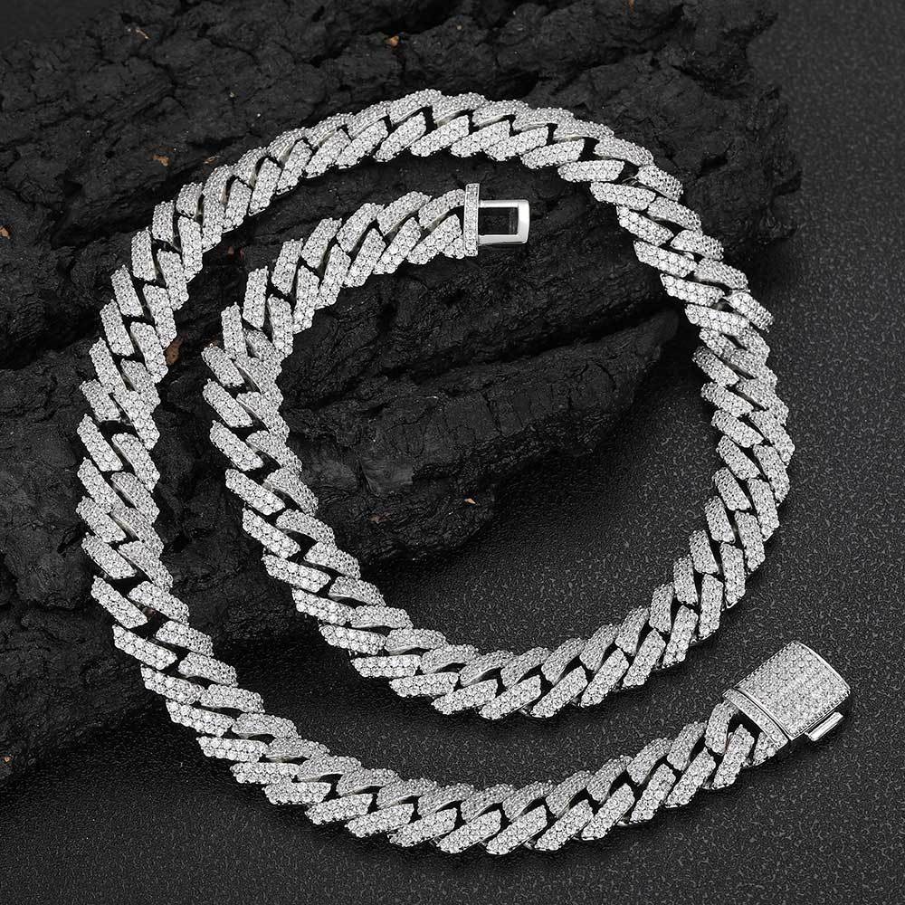 European American High-End Trendy Unisex Rhombus Cuban Link Chain Necklace Sterling Silver Zircon Hip-Hop Personalized Gift