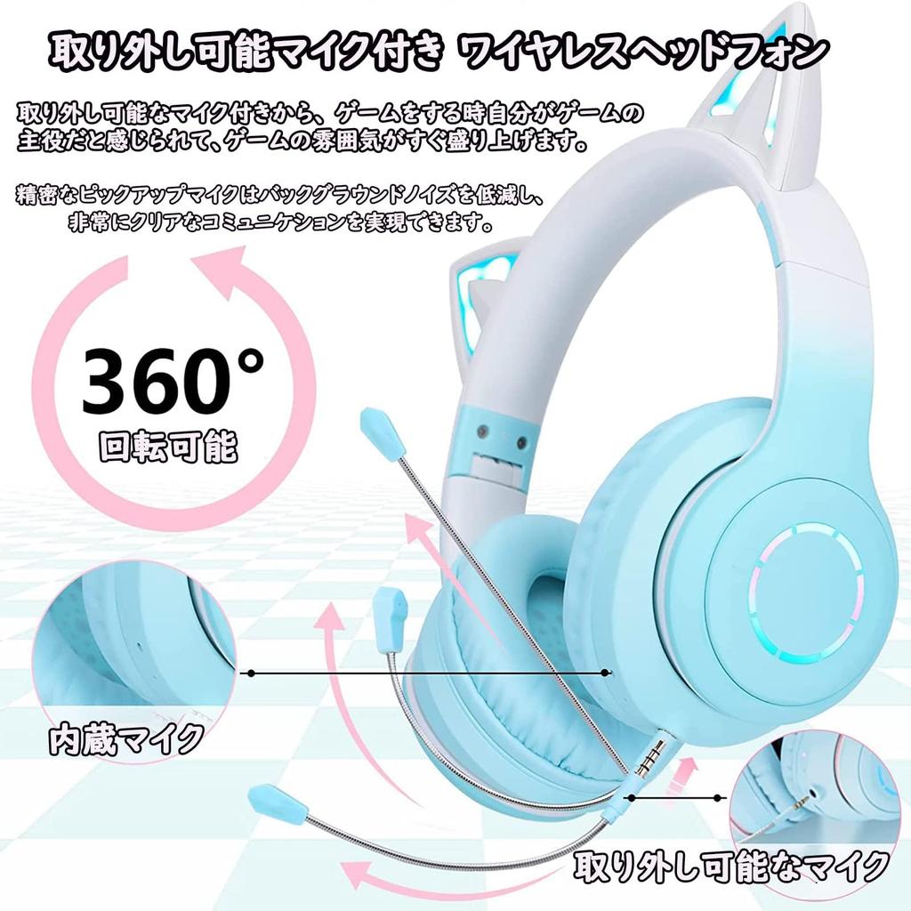 Cute Cat Ear Headphones, Bluetooth 5.1 Wireless Headphones with Detachable Noise-Canceling Microphone, HiFi Stereo, WiredWireless, Dual-Use Gaming