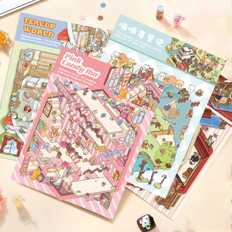 Cartoon Landscape Sticker Pink Candy House Miniature World 3D House Unzip DIY Scene Manual Post