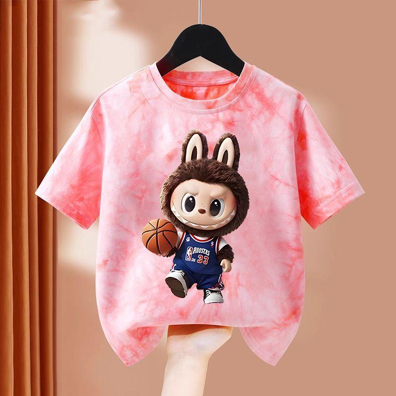 

Colorful Labubu Children s Cartoon Base Shirt, Summer Dress for Girls, 100% Pure Cotton Short-sleeved T-shirt 140