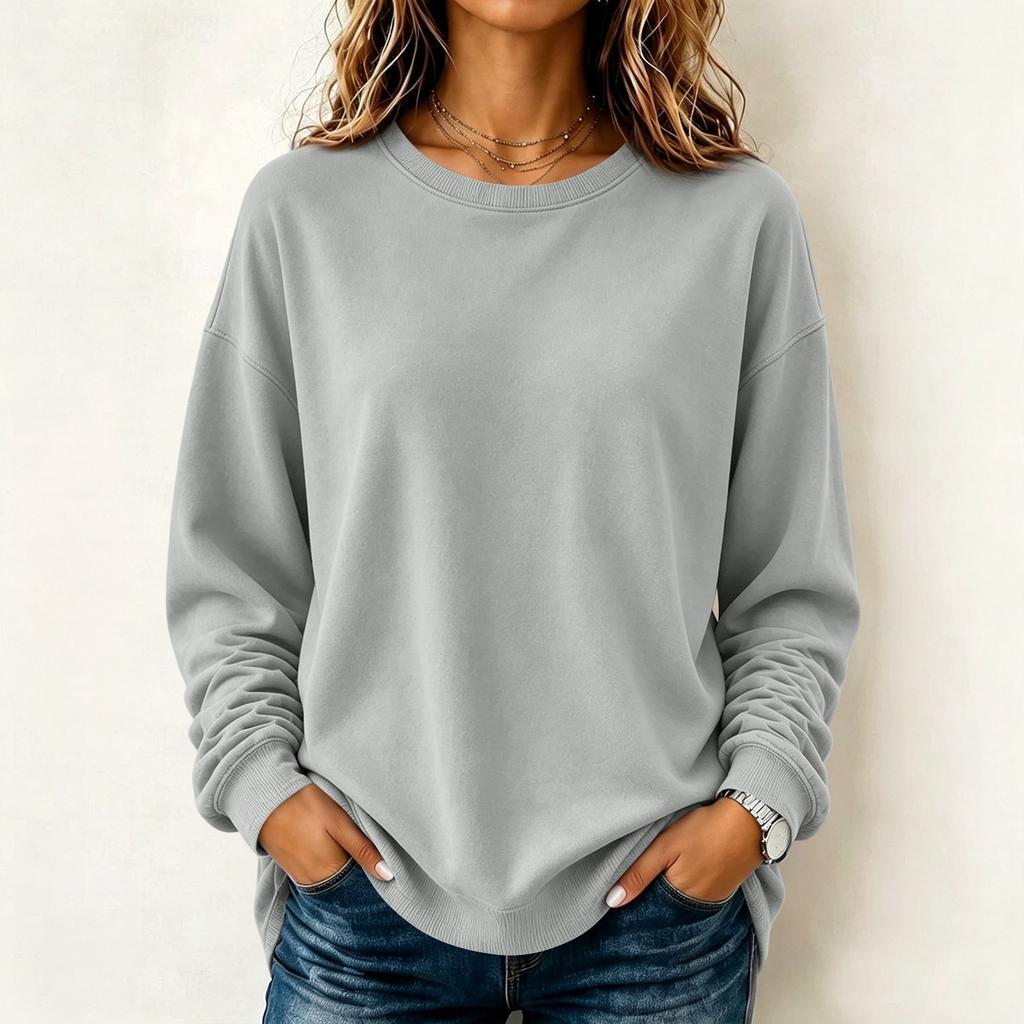 Maglione camicetta casual da donna a maniche lunghe tinta unita con scollo rotondo