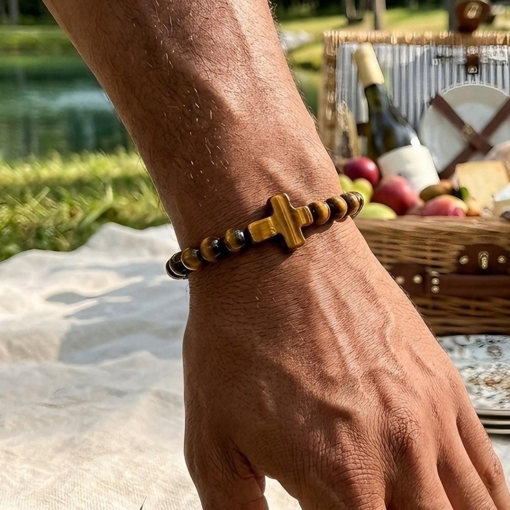 Tiger Eye Beads Cross Bracelet Spiritual Rosary Bracelet Prayer Beaded Bracelet Meditation