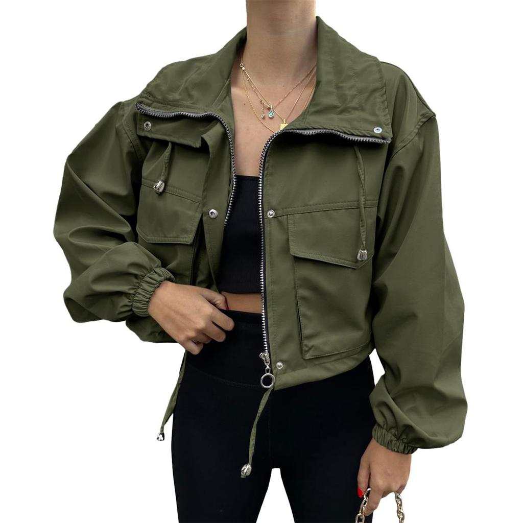 Women's Fashionable Solid Color Long Sleeved Pocket Short Jacket With Zipper Windbreaker Jacket
