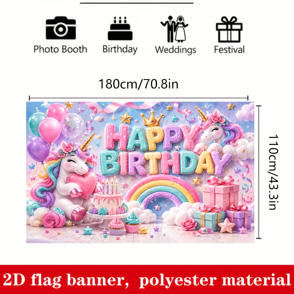 Unicorn Happy Birthday Banner Backdrop Balloons Rainbow Cake Gift Boxes