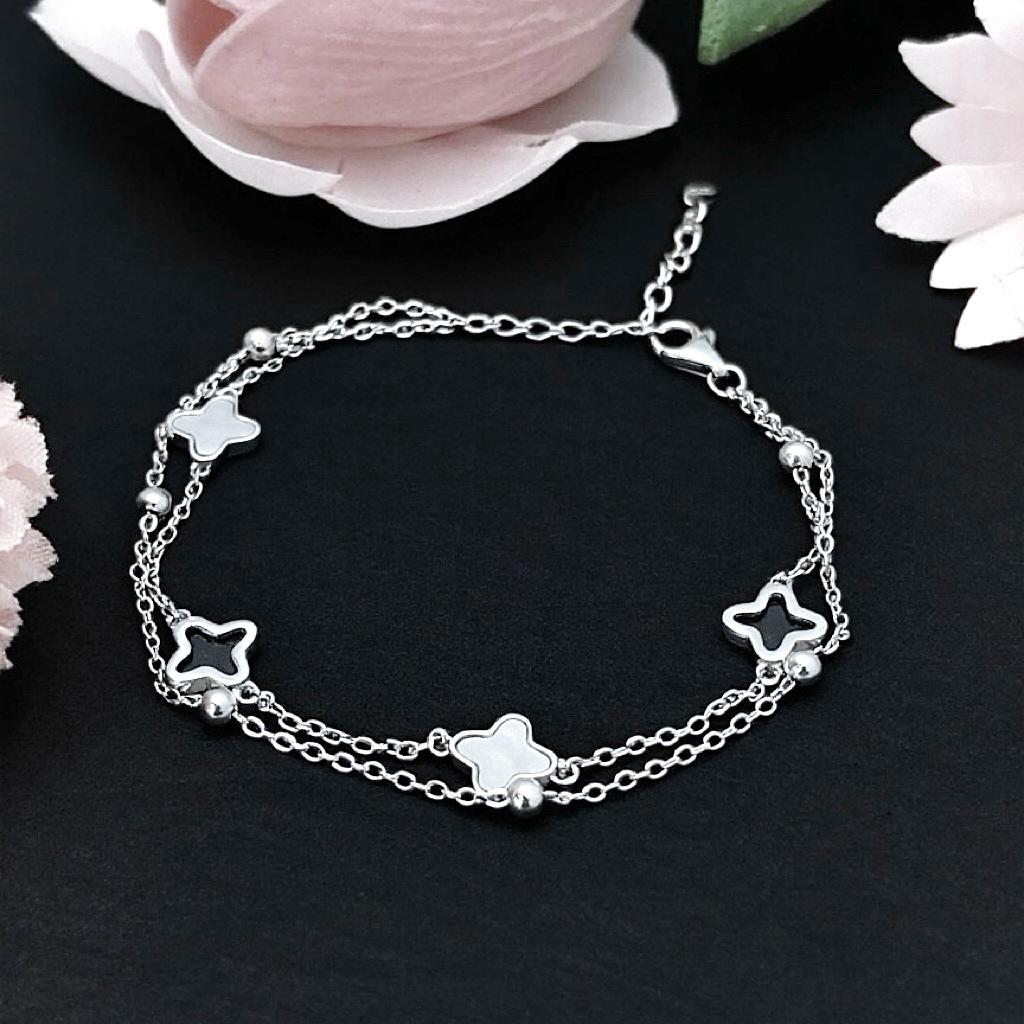 S925 Silver Double-Layer Four-Leaf Clover Bracelet, Light Luxury White Shell, Fashion Jewelry for Women S925 Silver