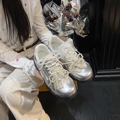 Soft Leather Version~ Su Yinyin's Same Crescent Bottom Lace Pearl Mandarin Duck Belt Platform Casual Sports Shoes for Women