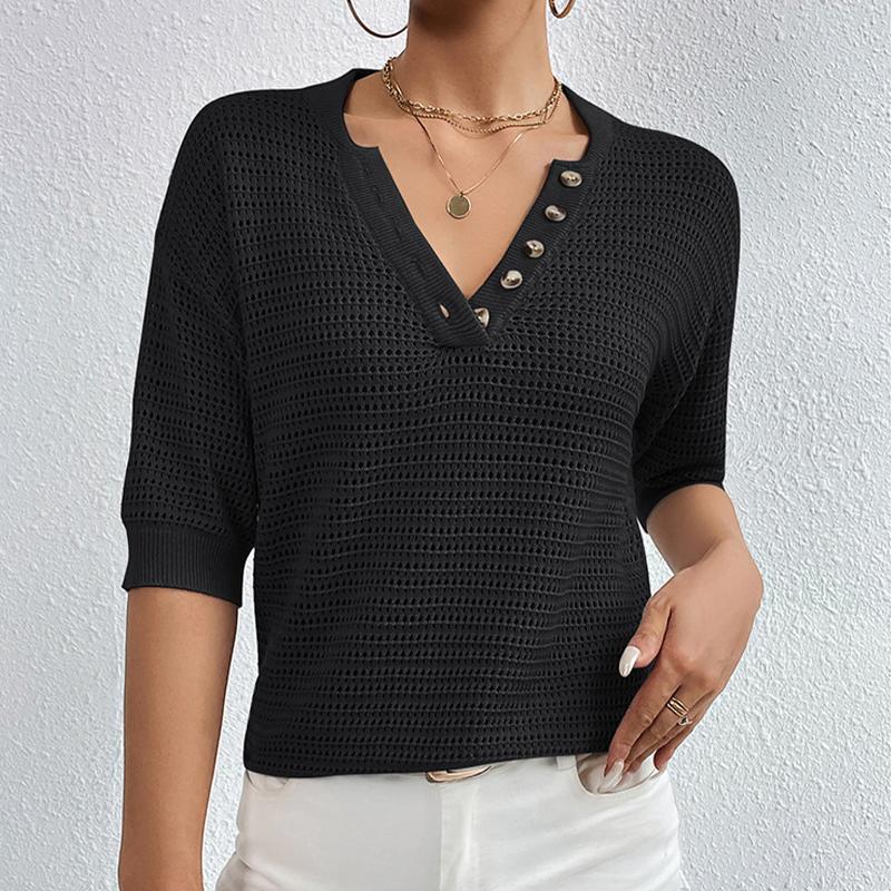 Women's Top Casual V-neck Cut-out Knit Pullover Short Sleeve T-shirt