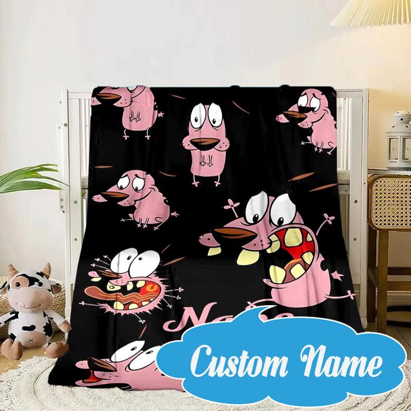 Custom Name Cowardly Dog Adventure Blanket Bed Sofa Blanket Flannel Blanket for Camping, Hiking, Picnic Essentials,gift for Fan Family
