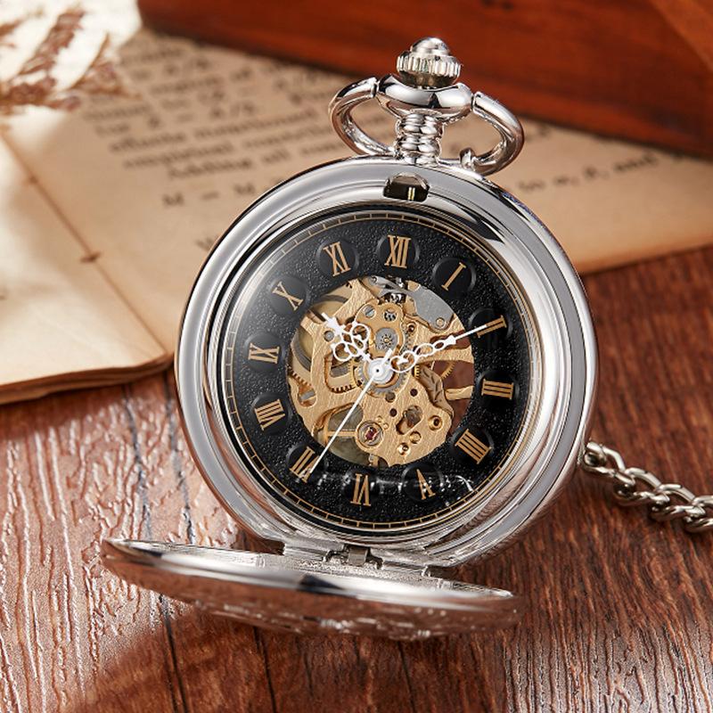 New Silver Bird Song Flower Flap Double Hollowed Roman Literal Semi-automatic Mechanical Pocket Watch