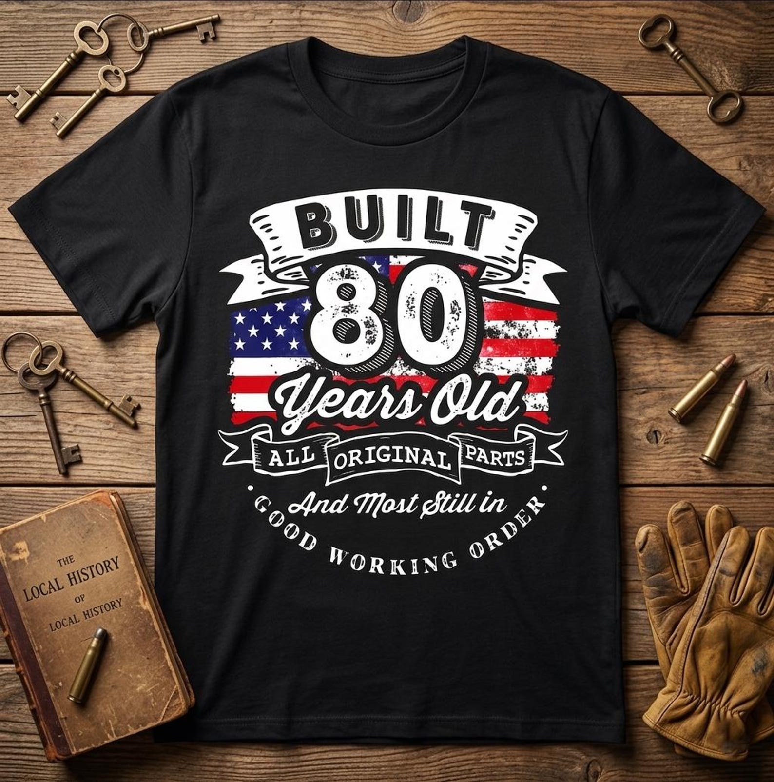 Built 80 Years Ago 80Th Birthday Usa Flag Shirt, Vintage American Flag L