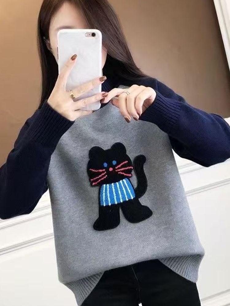 Round Neck Wool Knit Sweater - 2025 Autumn/Winter Fashion, Age-Reducing Cartoon Cat Design, Loose-Fit Top for Women.