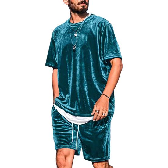 2 ks/sada Pánský outfit Kulatý výstřih Krátký rukáv Topy Stahovací šňůrka v pase Šortky Sada Jednobarevná