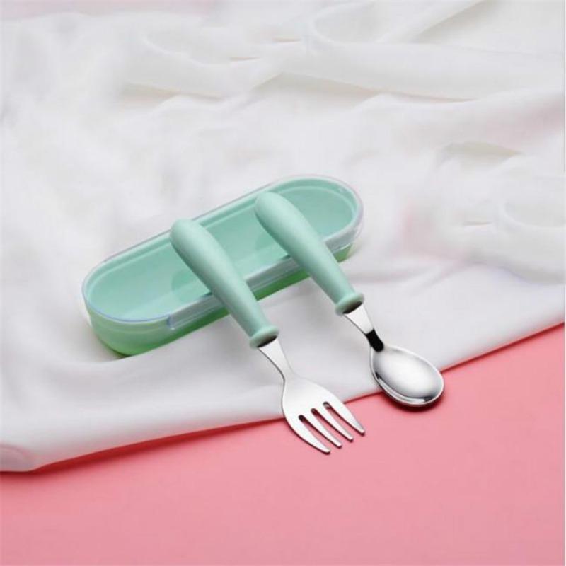 Stainless Steel Children's Spoon and Fork Set, Three-Piece Set Baby Tableware Maternity Gift Round Handle Spoon and Fork