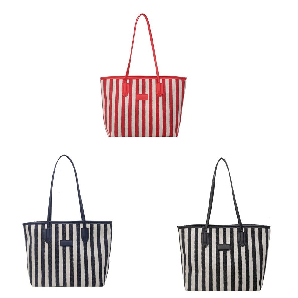 Large Capacity Shoulder Bag Zipper Shopping Handbag Simple Stripe Canvas Tote Bag  Girls