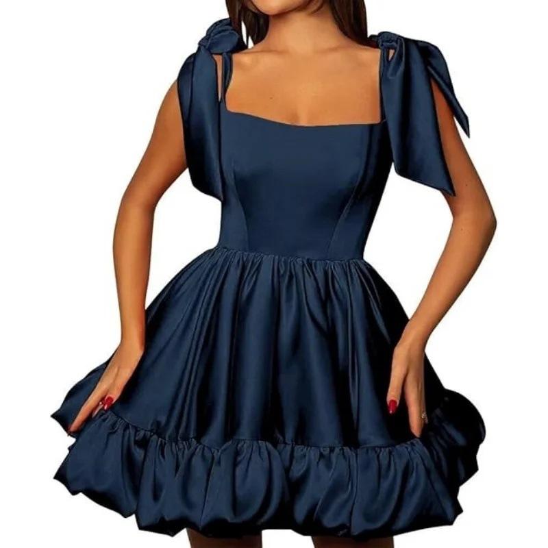 1011 new European and American style evening dress square neck bow satin tutu skirt thin birthday party dance dress