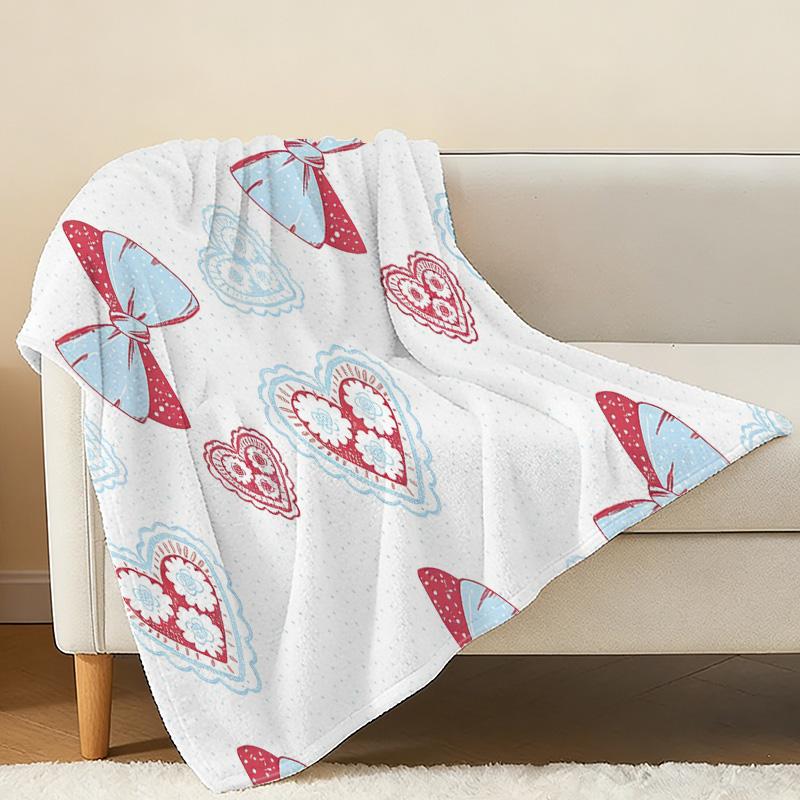 Flannel Blanket with Cute Bow & Heart Design, Soft Warm Cozy Couch Throw for Living Room, Christmas & Halloween Decor Gift