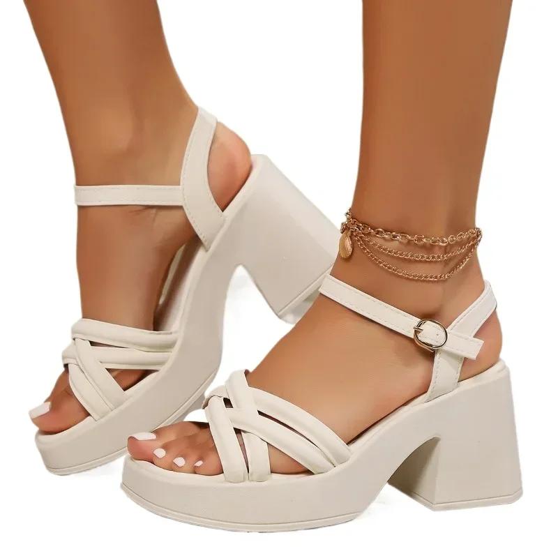 2024 Plataforma Sapatos Femininos Abertos Dedo Do Pé Sandálias Femininas Fivela Tira Vestido Sandálias Mulheres Plissado Faixa Estreita Sapatos De Salto Grosso Feminino