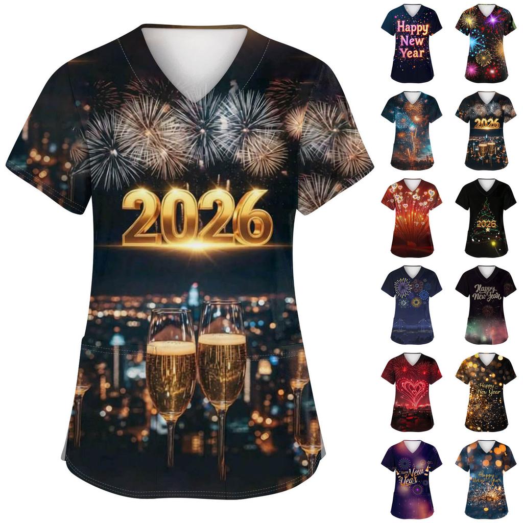 Women's Fashion Printed Short Sleeve V Neck Pattern Tops Pocket Working T-shirts