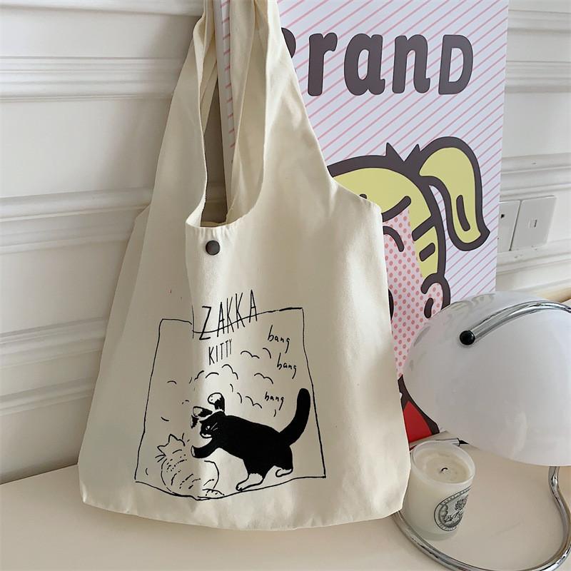 Просторная холщовая сумка-тоут с милым мультяшным принтом Стильная сумка через плечо для повседневного использования BlackWhite Cat