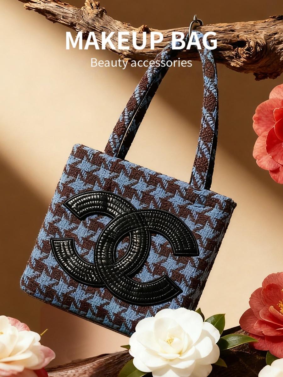 CHANEL Vintage Houndstooth Mini Tote Bag, Cosmetic Storage Handbag, Daily Casual Makeup Bag