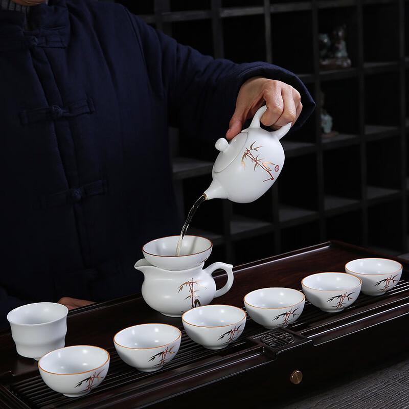 White Ceramic Kung Fu Tea Set with Bamboo Leaf Design