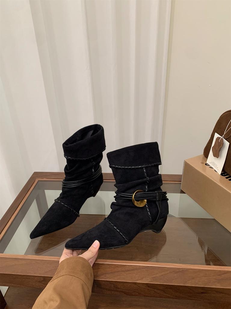 Thick Heel Pointed Suede Pile Boots Medium Knight Boots Women's Boots Season Western Cowboy Skinny Boots