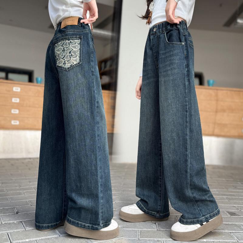 

Стильные джинсы прямого кроя с широкими штанинами для девочек-подростков - Корейский стиль, Коллекция 2025 120 cm серый/синий