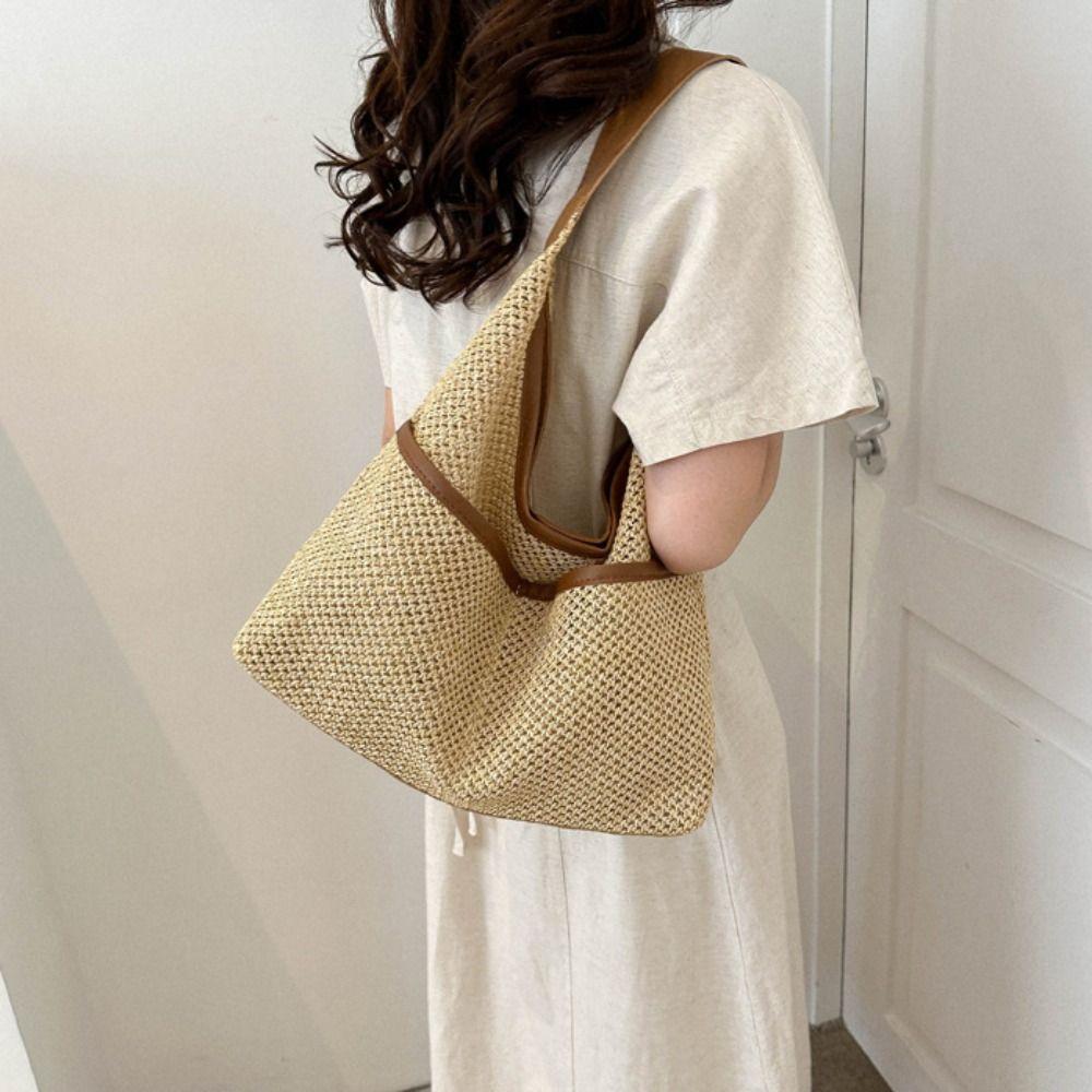 Large Capacity Straw Shoulder Bag with Pocket Underarm Tote Bag Trendy Woven Handbag  Outdoor