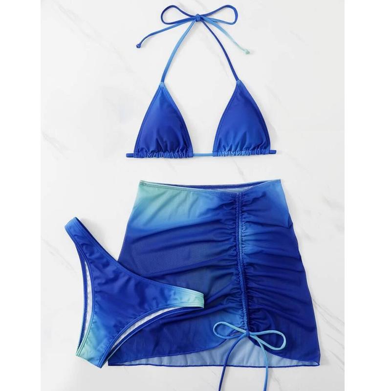 Nová dámská móda Kravata Dye Split Bikini Plavky Třídílná sada Sexy pásek s otevřenými zády Plavky Krásné Gradient Beach Sukně Bikiny