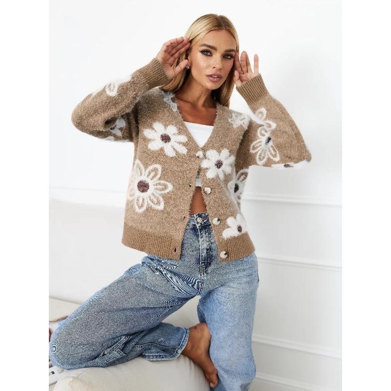 Damen Cropped Floral Jacquard V-Ausschnitt Dickstrick Cardigan Pullover Oberbekleidung