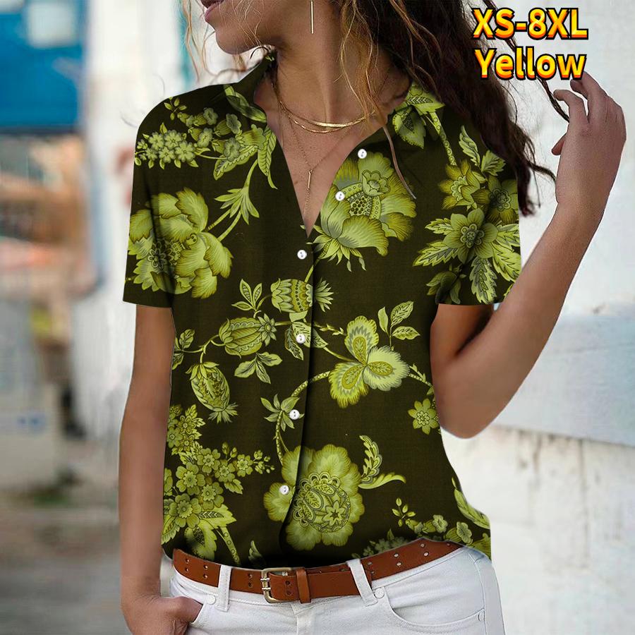 2025 Summer New Fashion Women's Flower Printed Short Sleeve V-neck Casual Button-down Shirt Top