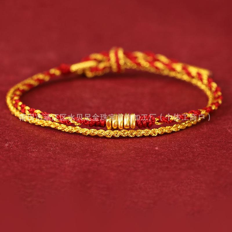 999 Pure Gold Women's Red String Horse Bracelet with Luck Bead