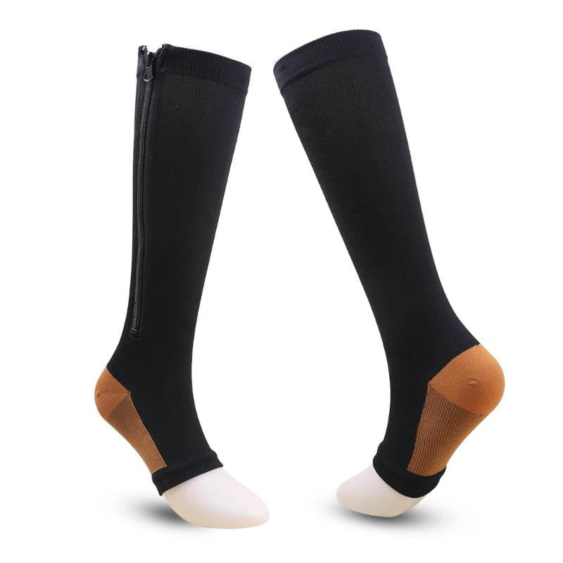 Zipper Compression Socks for Women and Men Over the Calf Knee High 15-20mmHg Open Toe Compression Stockings for Walking