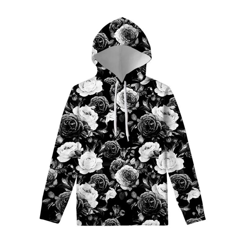 Men Clothing New In Hoodies & Sweatshirts Black Rose Pattern Harajuku Sweatshirts 3D Animal Flower Goth Loose Pullover Sportwear