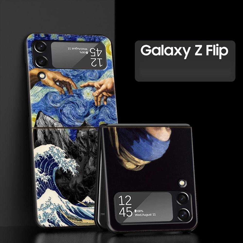For Samsung Galaxy Z Flip 3 4 5 Hard Black Folding PC Phone Case Mona Lisa Van gogh Oil Painting Art For Samsung Z Flip3 Cover