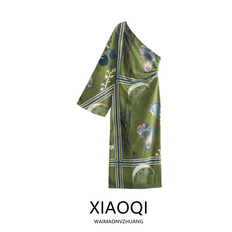 Fashion Wind 2024 Spring and Summer Women's Clothing Vintage Crumpled Decoration Silm Print Asymmetric Dress 2871138